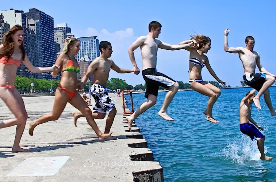 Kids jumping into Lake Michigan