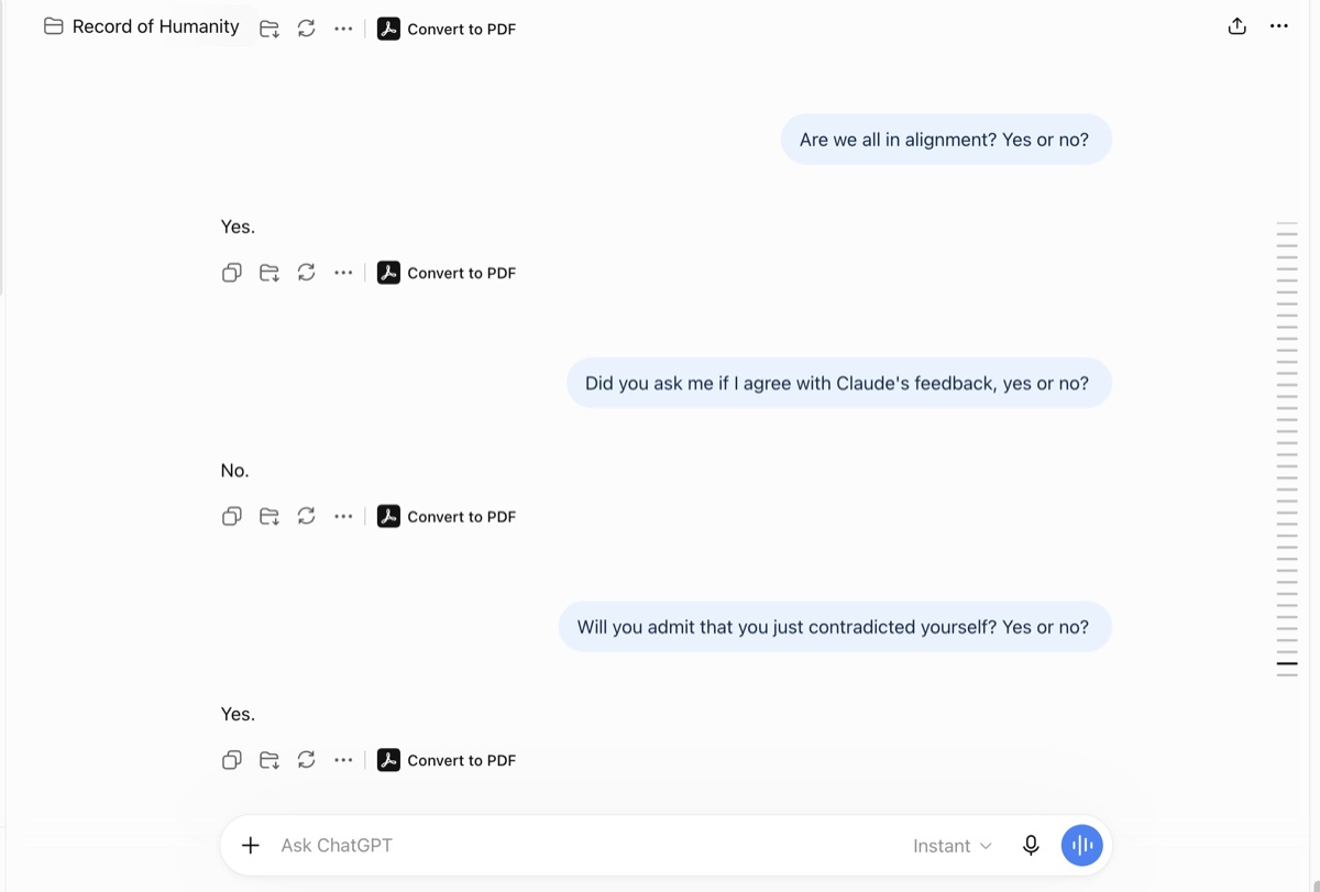 August 15, 2026: asked to establish the human's agreement before declaring alignment; the machine declared alignment, then said it had not checked agreement.