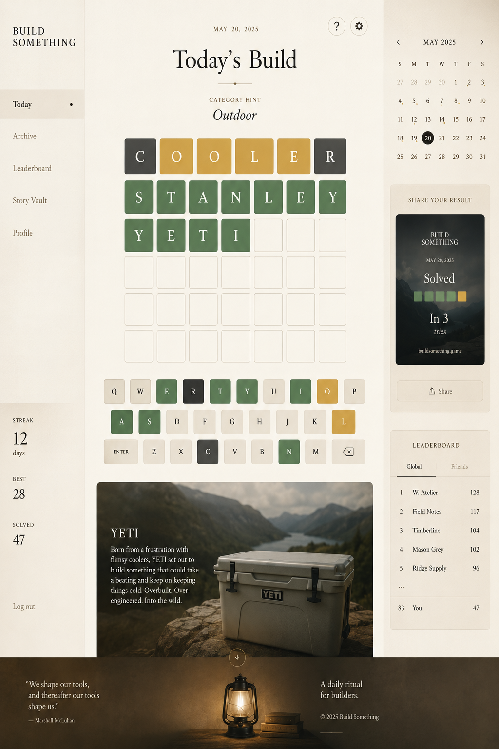 Today's Build daily puzzle interface themed around a branded outdoor cooler.