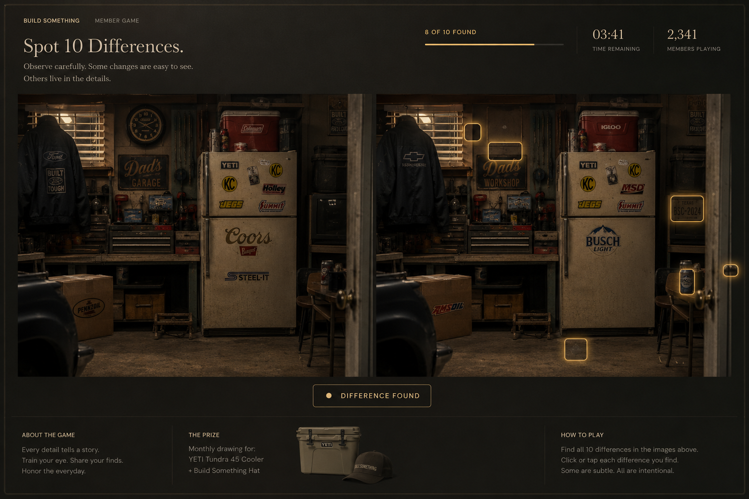 Build Something member challenge interface showing a spot-the-difference game.