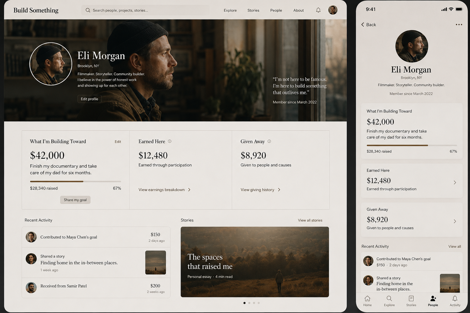 Build Something member profile page showing goals, earnings, giving, and activity across desktop and mobile.