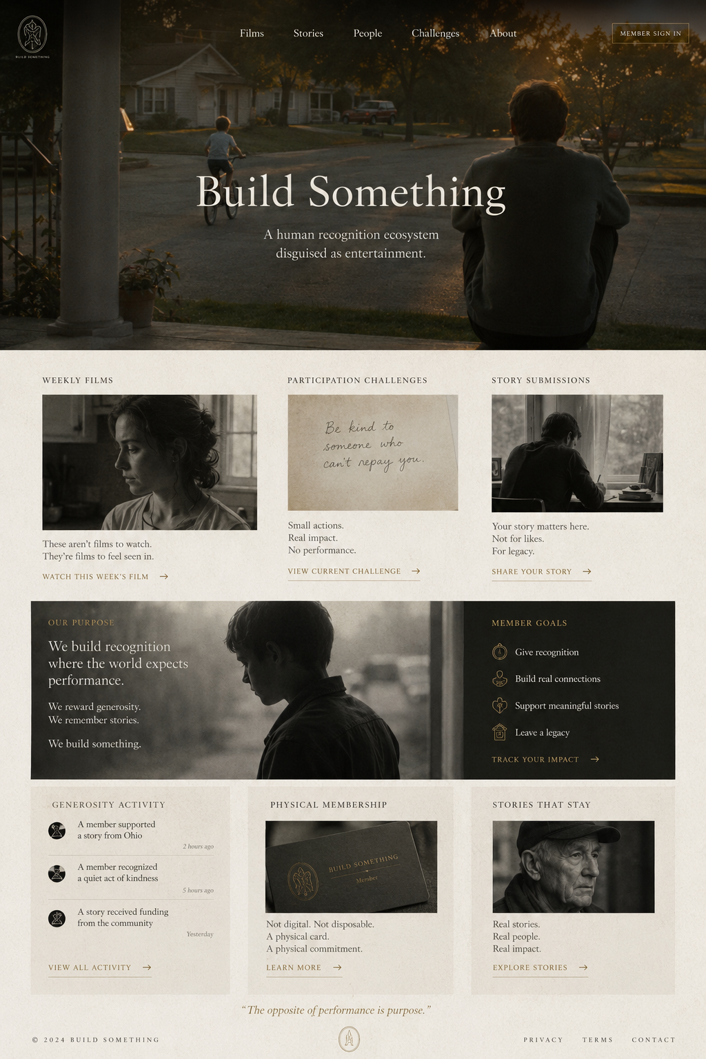 Build Something platform mockup showing a calm editorial participation environment.