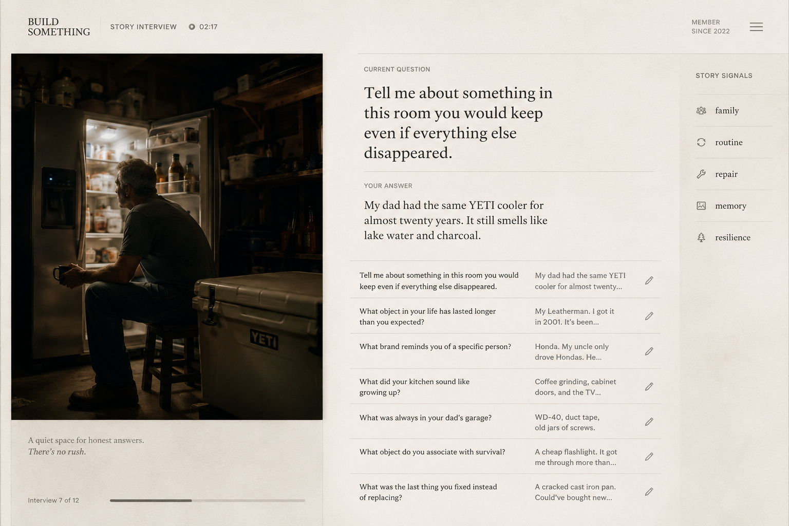 Build Something AI-assisted story interview interface.