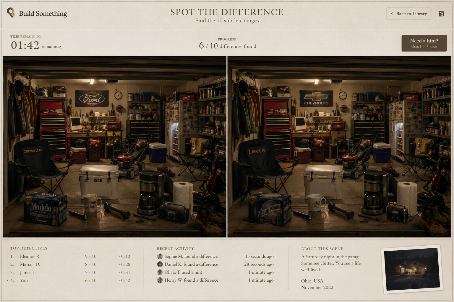 Build Something member game showing a garage scene spot-the-difference challenge with highlighted changes.